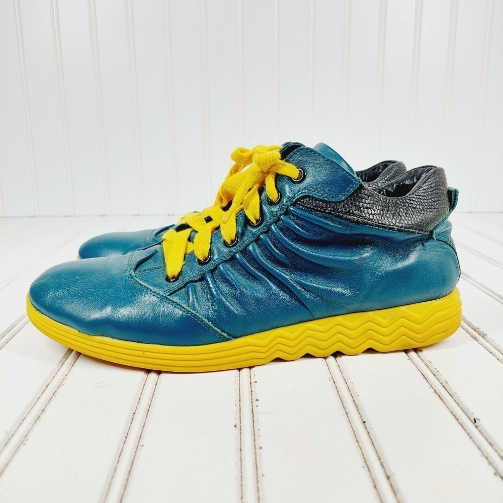 Avaya Blue Yellow Leather Lace Up Athleisure Running Sneakers K348